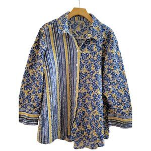 Habitat Blue Yellow Button Down Lagenlook Oversized Top size Large cottagecore